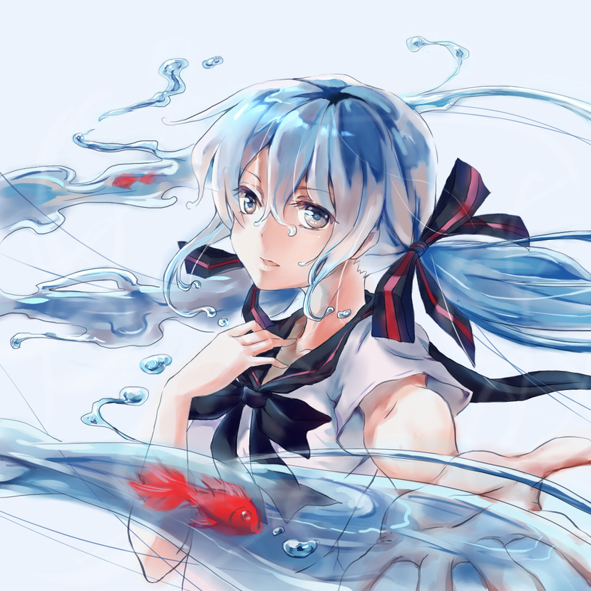 a_luo aqua_eyes aqua_hair blue_hair bottle_miku fish hair_ribbon hand_on_own_chest hatsune_miku highres liquid_hair long_hair outstretched_arm ribbon school_uniform serafuku solo vocaloid water