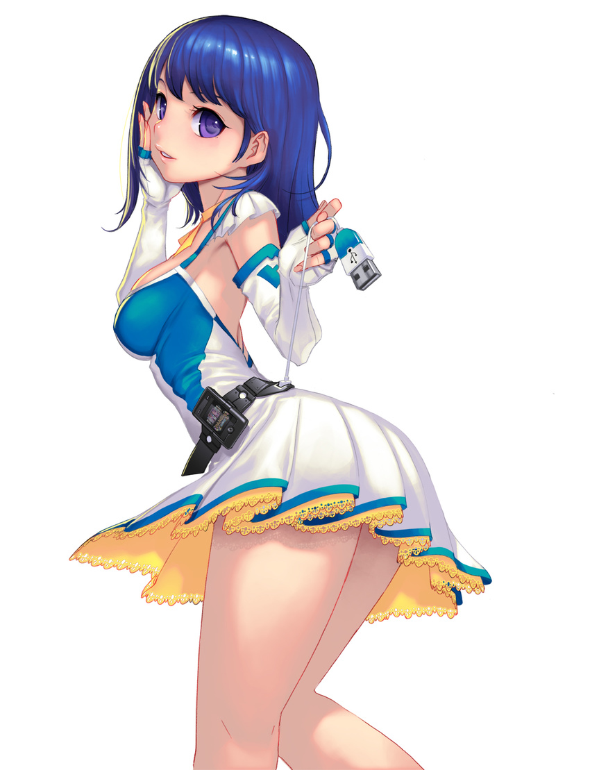 arin armpits ass blue_eyes blue_hair detached_sleeves dress fingerless_gloves gloves hand_on_own_face highres kamdia lace lace-trimmed_skirt looking_back pangya skirt solo thighs usb