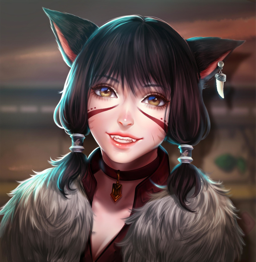 1girl absurdres animal_ears black_hair blurry blurry_background brown_eyes cat_ears choker close-up commission enmoire face facial_mark fangs final_fantasy final_fantasy_xiv hair_tubes highres jewelry looking_at_viewer miqo'te miqo'te pendant scar short_hair single_earring smile solo tattoo whisker_markings