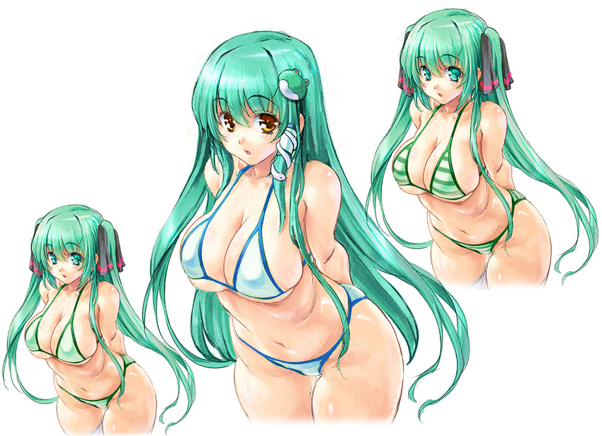 :o adapted_costume alternate_costume alternate_hairstyle arms_behind_back bare_shoulders bikini black_ribbon blue_bikini blush breasts cleavage collarbone commentary_request cowboy_shot frog_hair_ornament green_bikini green_eyes green_hair hair_ornament hair_ribbon hair_tubes kiyama_satoshi kochiya_sanae large_breasts leaning_forward long_hair looking_at_viewer multiple_views navel plump ribbon sideboob snake_hair_ornament striped striped_bikini swimsuit touhou twintails underboob variations very_long_hair white_background yellow_eyes