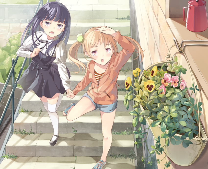 :o arm_up bangs black_eyes black_hair blonde_hair blunt_bangs d: dress flower hair_ornament holding_hands hood hooded_jacket jacket leg_up long_hair mary_janes multiple_girls open_mouth original pansy railing running shoes shorts sneakers stairs striped supertie thighhighs twintails white_legwear