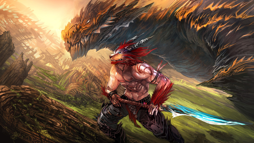 anture armor belt biceps black_nose blue_eyes canine cheetahpaws clothing dragon fangs feathers fur hair horn human hybrid jaw male mammal muscles nipples outside pants pecs red_feathers red_fur red_hair scales scalie sword tattoo teeth toned topless tribal vein wallpaper weapon wings wolf wristband