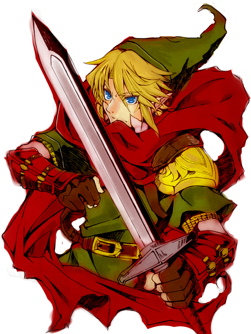 bashikou belt blonde_hair blue_eyes cape earrings gloves hat highres holding holding_sword holding_weapon jewelry left-handed link male_focus pointy_ears solo sword the_legend_of_zelda the_legend_of_zelda:_skyward_sword weapon