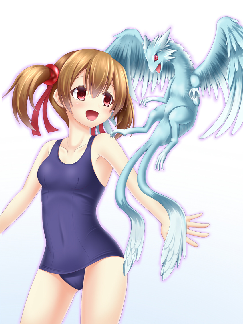 brown_hair dragon highres one-piece_swimsuit pina_(sao) red_eyes school_swimsuit short_hair silica swimsuit sword_art_online tsuboyarou twintails