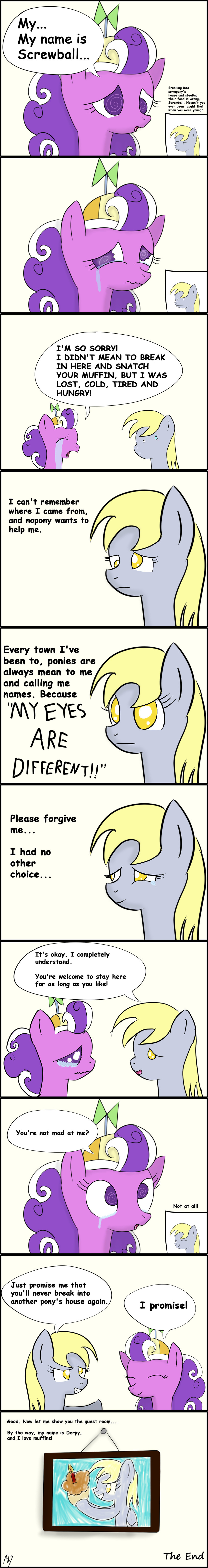 absurd_res blonde_hair candle comic crying derpy_hooves_(mlp) duo english_test english_text equine female feral food friendship_is_magic fur grey_fur hair hat hi_res horse lolzaman mammal muffin my_little_pony pegasus photo pony screwball_(mlp) tears text wings yellow_eyes