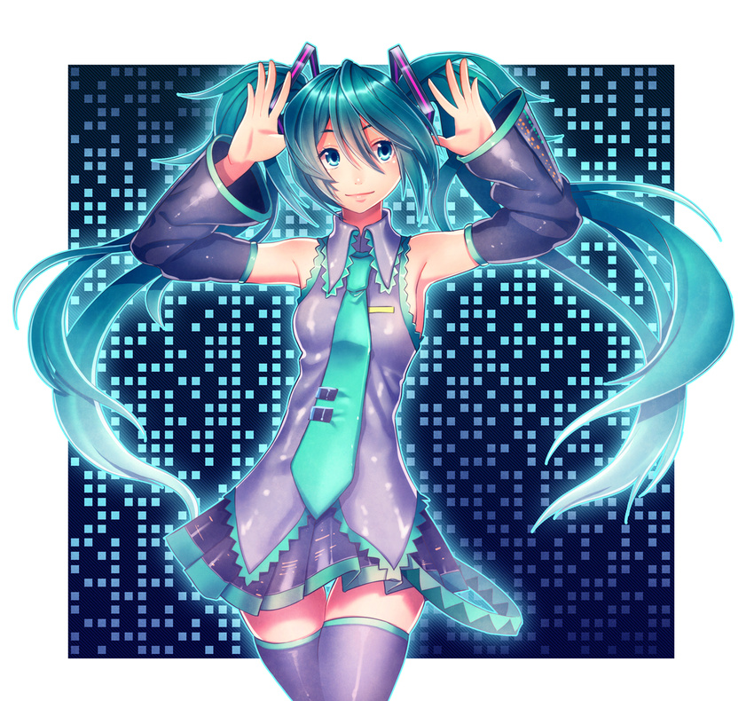 armpits arms_up detached_sleeves hatsune_miku highres long_hair necktie shame_(sketch_shot) skirt solo thigh_gap thighhighs twintails very_long_hair vocaloid