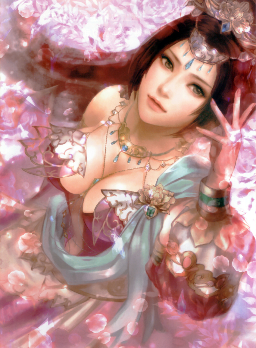 absurdres artist_request bare_shoulders between_breasts black_hair breasts brown_eyes cleavage detached_sleeves diao_chan headgear highres jewelry lips medium_breasts nail_polish navel necklace sash scan shin_sangoku_musou solo