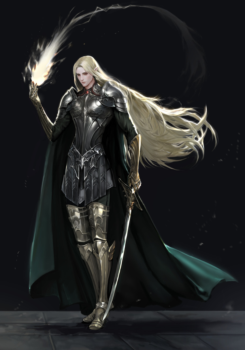 absurdres androgynous armor black_background blonde_hair boots cape elf fantasy fire full_body gauntlets greaves green_cape highres holding holding_sword holding_weapon long_hair looking_at_viewer mucuzi original pointy_ears red_eyes standing sword very_long_hair weapon