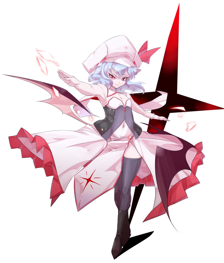 bat_wings black_legwear blue_hair boots corset crossed_legs dress flat_chest hat hat_ribbon highres red_eyes rekise remilia_scarlet ribbon solo spear_the_gungnir standing thighhighs touhou wings