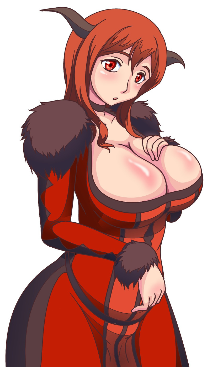 1girl breasts cleavage highres horns huge_breasts maou_(maoyuu) maoyuu_maou_yuusha orizen red_eyes red_hair