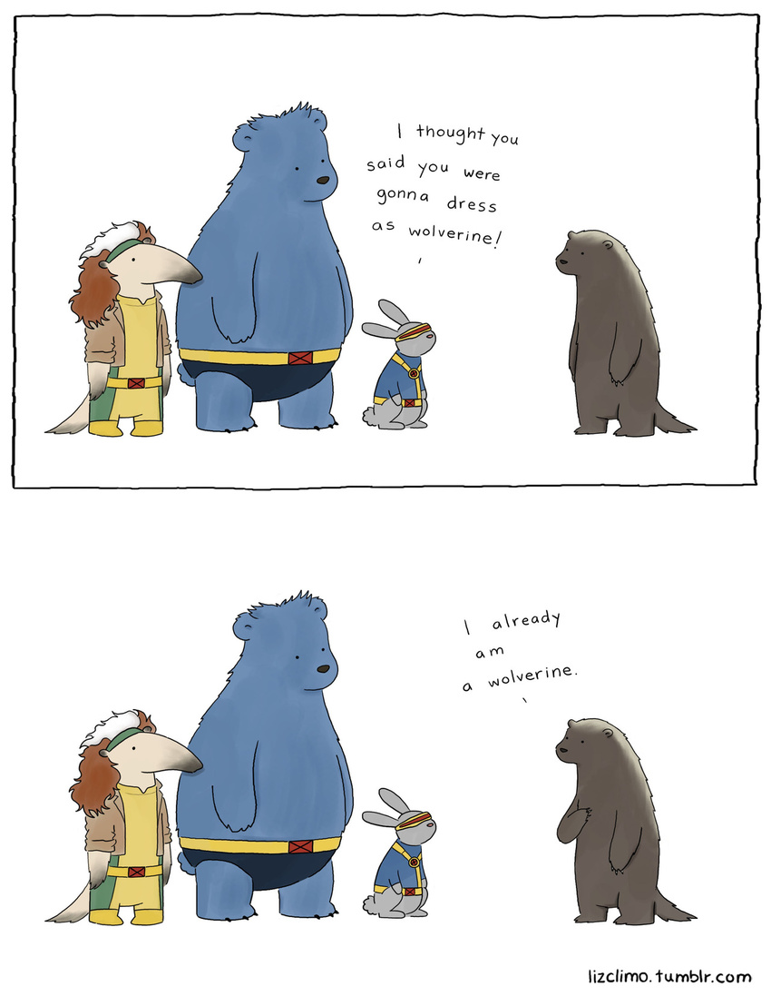 bear beast_(marvel) beast_(x-men) comic costume english_text female hank_mccoy humor lagomorph liz_climo male mammal marvel mustelid rabbit rogue rogue_(marvel) scott_summers text wolverine x-men