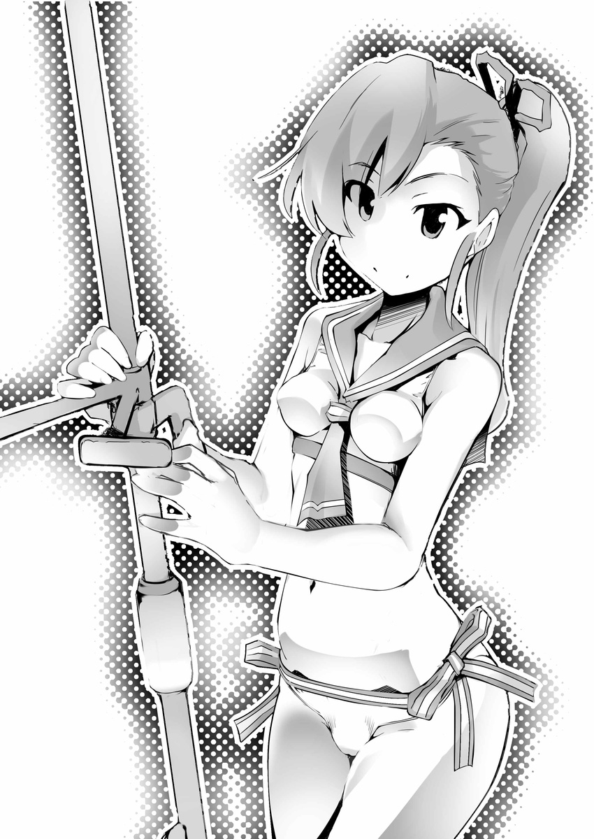 absurdres bikini dixie_cup_hat fukui_sora futami_mami greyscale hat highres idolmaster idolmaster_(classic) long_hair military_hat monochrome sailor_bikini sailor_collar sailor_swimsuit_(idolmaster) side_ponytail swimsuit