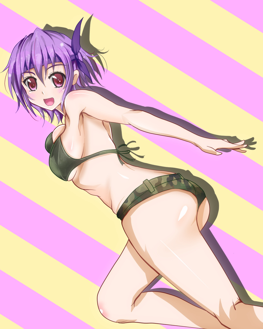 ayane_(doa) bikini camouflage dead_or_alive headband highres purple_hair red_eyes short_hair solo swimsuit tranquilizer_(bestcenter)