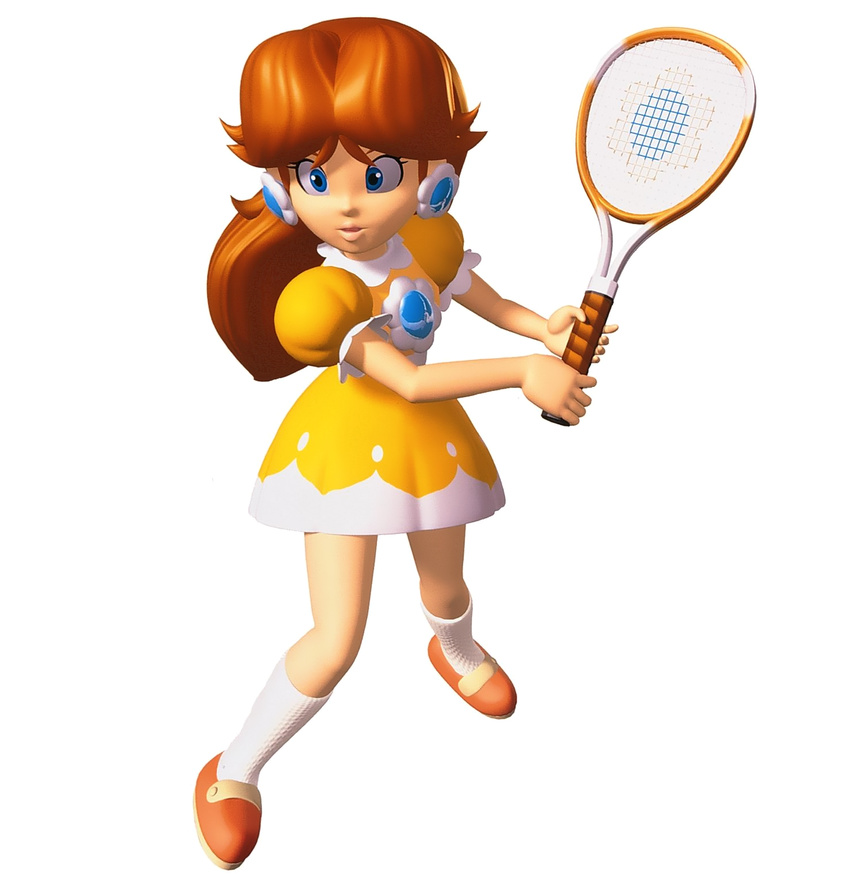 1girl 3d blue_eyes brown_hair crown dress earrings highres jewelry mario_(series) mario_tennis official_art orange_hair princess_daisy racket solo super_mario_bros. super_mario_land