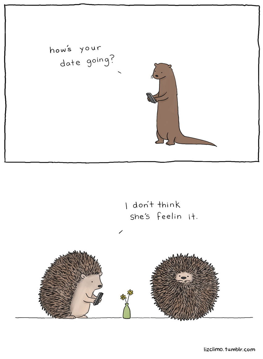 cellphone comic date english_text flower hedgehog humor liz_climo mammal mustelid otter phone plain_background porcupine rodent text