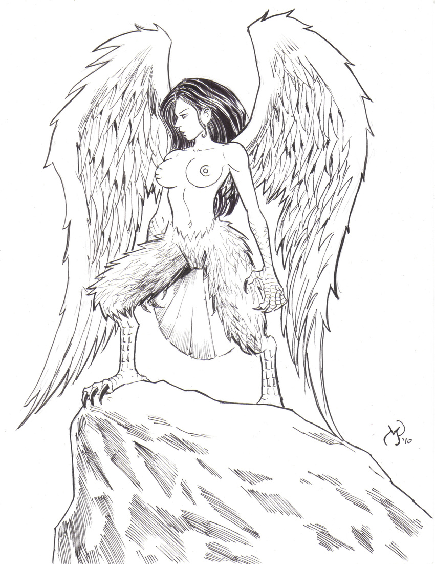 avian big_breasts breasts feathers female greyscale harpy monochrome navel nipples plumage solo talons taur topless wings