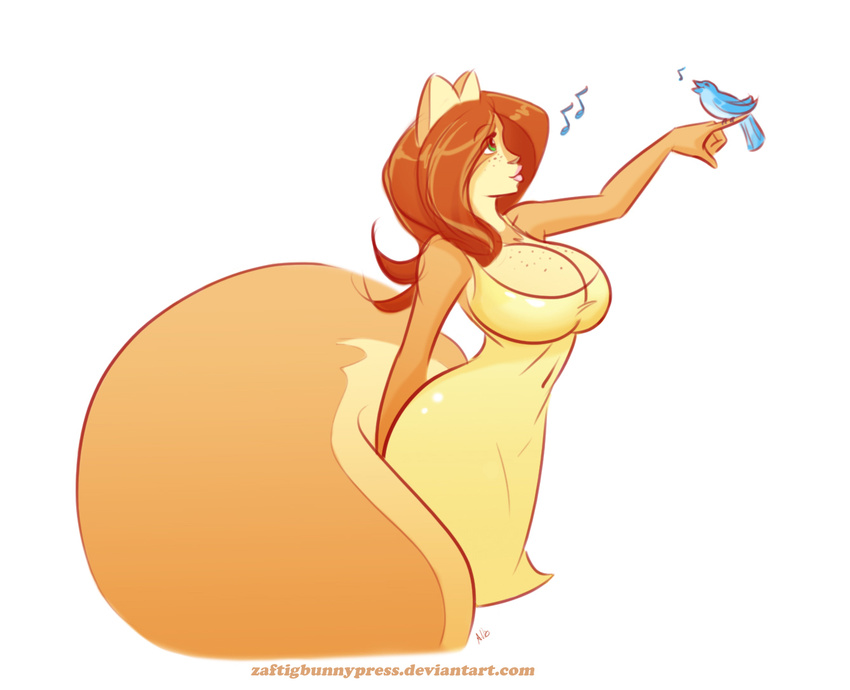avian big_breasts big_tail bird breasts brown_hair brown_nose brown_skin cleavage clothed clothing dress female fluffy_tail freckles green_eyes hair lips long_hair mammal penny_flynn plain_background rodent singing solo squirrel standing white_background wide_hips yellow_skin zaftigbunnypress