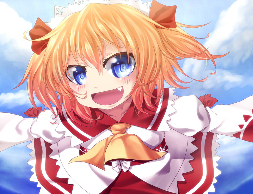 ascot bad_id bad_pixiv_id blue_eyes blue_sky close-up cloud day fang hair_ribbon headdress igap juliet_sleeves long_sleeves looking_at_viewer open_mouth outstretched_arms puffy_sleeves red_hair ribbon short_hair skirt skirt_set sky solo spread_arms sunny_milk touhou