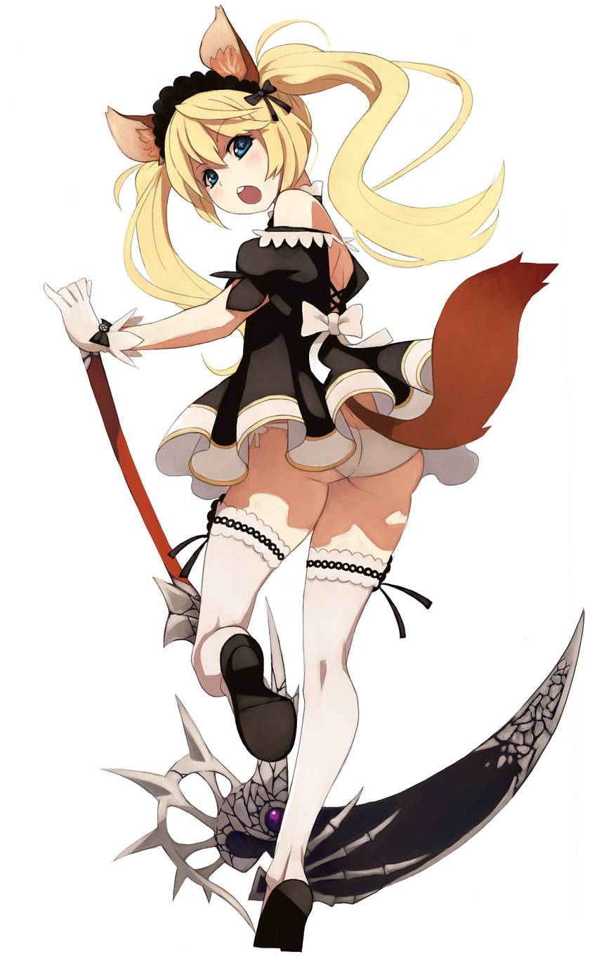 :o animal_ears apron ass blonde_hair blue_eyes blush bow chestnut_mouth elin_(tera) from_behind gloves highres long_hair looking_at_viewer looking_back maid maid_headdress open_mouth panties penguin_caee scythe simple_background solo symbol-shaped_pupils tail tera_online thighhighs twintails underwear white_background white_legwear white_panties