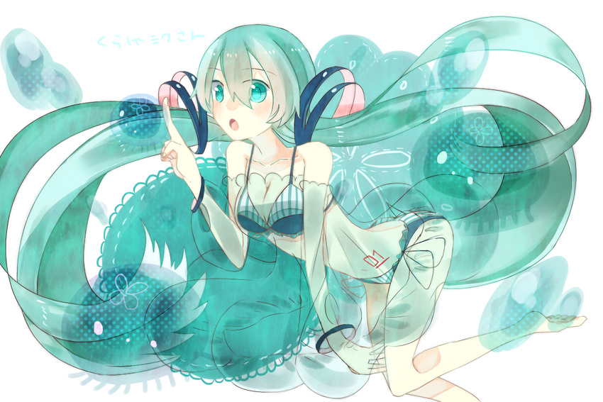 :o aqua_eyes aqua_hair bad_id bad_pixiv_id barefoot bikini breasts cleavage dress hatsune_miku jellyfish long_hair looking_at_viewer medium_breasts navel nusodi_yyy pointing see-through simple_background solo swimsuit vocaloid