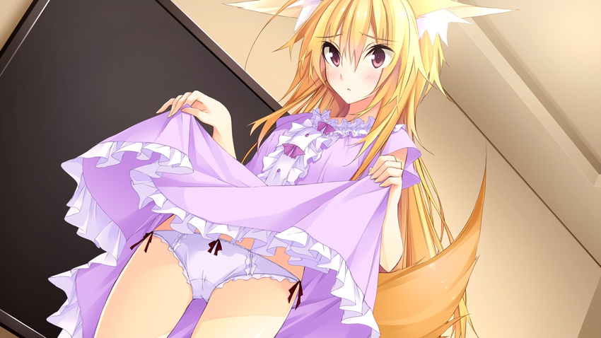 1girl animal_ears blush dress dress_lift fox_tail game_cg hito_to_anata_to_ayakashi kuwashima_rein open_mouth panties tail underwear