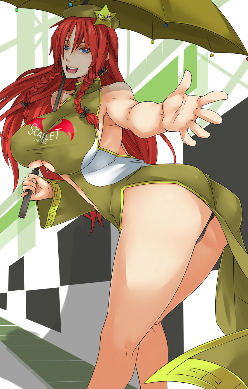 adapted_costume ass bare_shoulders bent_over black_panties blue_eyes borrowed_design braid breasts checkered clothes_writing dress exaxuxer hat highres hong_meiling huge_breasts legs long_hair outstretched_hand panties race_queen red_hair side_slit smile solo star taut_clothes taut_dress thighs thong touhou twin_braids umbrella underboob underwear