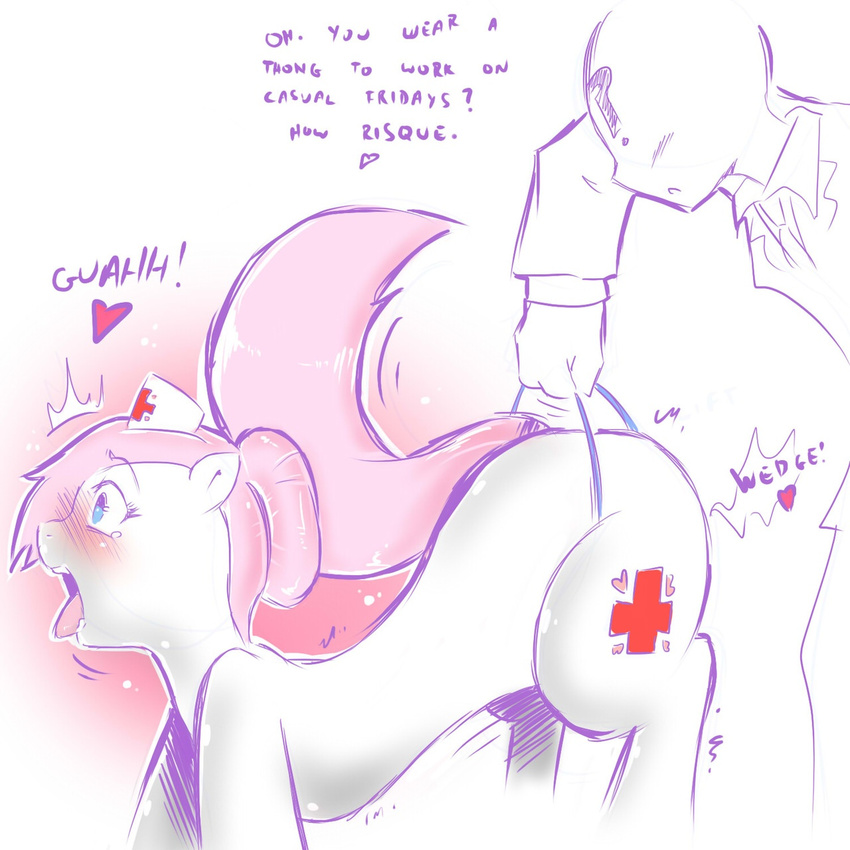 blue_eyes blush cold-blooded-twilight cutie_mark equine female feral friendship_is_magic hair horse human male mammal my_little_pony nurse_redheart_(mlp) panties pink_hair pony thong underwear wedgie