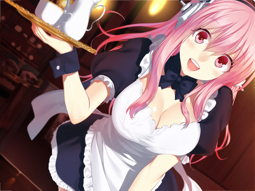 :d apron blush bow bowtie breasts cleavage detached_collar headphones hullabaloo large_breasts leaning_forward long_hair looking_at_viewer nitroplus open_mouth pink_eyes pink_hair smile solo super_sonico tray waist_apron waitress wrist_cuffs