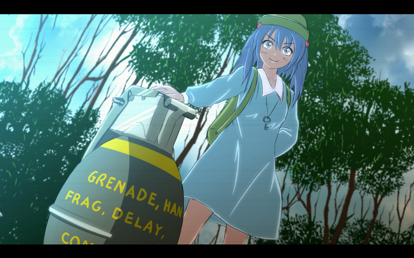 backpack bad_id bad_pixiv_id bag blue_dress blue_eyes blue_hair dress explosive grenade hair_bobbles hair_ornament hat highres huge_weapon kawashiro_nitori key letterboxed oversized_object smirk solo tomon_(slash0410) touhou two_side_up weapon