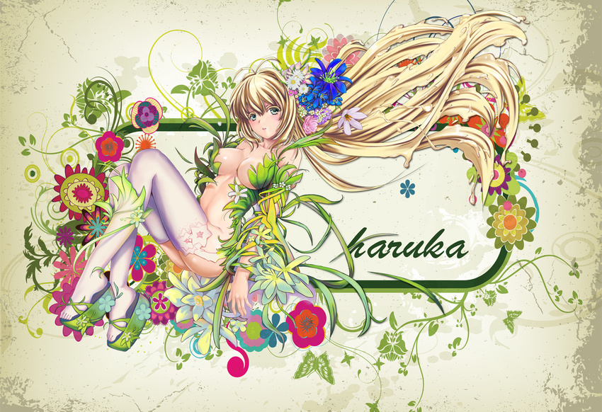 blonde_hair character_name flower kimi_ga_nozomu_eien long_hair only_haruka solo suzumiya_haruka thighhighs very_long_hair