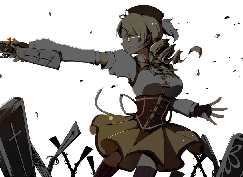 antique_firearm beret blonde_hair breasts detached_sleeves drill_hair field_of_blades fingerless_gloves firearm gloves gun hair_ornament hat magical_girl magical_musket mahou_shoujo_madoka_magica medium_breasts planted_weapon pleated_skirt skirt smile solo striped striped_legwear tanemaki_shirura thighhighs tomoe_mami vertical-striped_legwear vertical_stripes weapon yellow_eyes