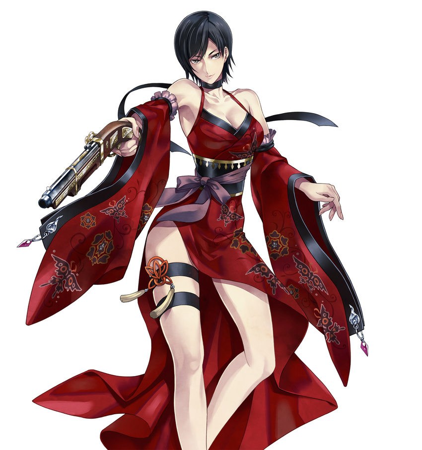 ada_wong adapted_costume antique_firearm bare_legs bare_shoulders black_hair breasts capcom choker cleavage company_connection detached_sleeves dress firearm floral_print frills grey_eyes gun handgun highres large_breasts legs nagahama_megumi obi official_art onimusha_soul pistol red_dress resident_evil resident_evil_4 ribbon sash short_hair side_slit simple_background solo thigh_strap weapon white_background