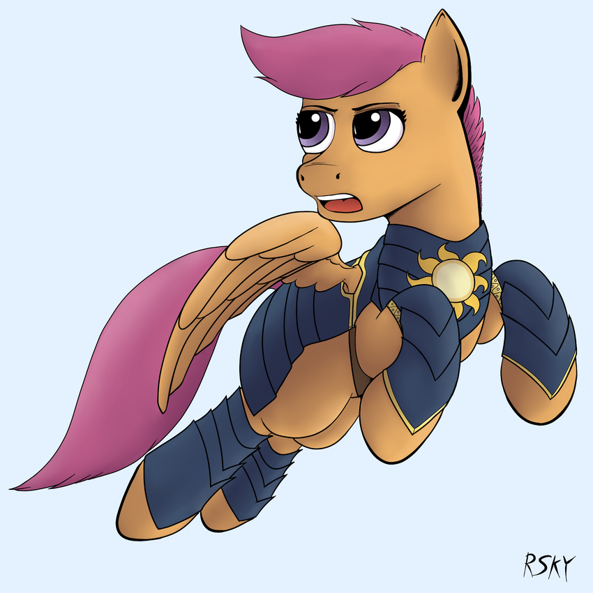 armor brown_fur dashaloo equine female feral friendship_is_magic fur hair horse mammal my_little_pony open_mouth pegasus plain_background pony purple_eyes purple_hair scootaloo_(mlp) solo wings young
