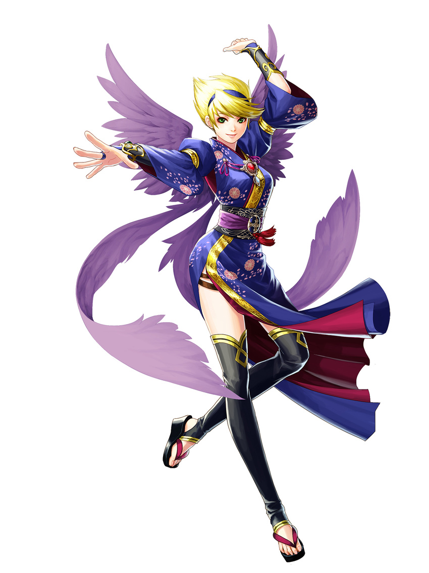 angel_wings black_legwear blonde_hair bracer breasts breath_of_fire breath_of_fire_iii capcom company_connection green_eyes hairband highres hinata_gureko japanese_clothes kimono medium_breasts multiple_wings nina_(breath_of_fire_iii) official_art onimusha_soul sandals short_hair simple_background smile solo thighhighs toeless_legwear white_background white_wings wings