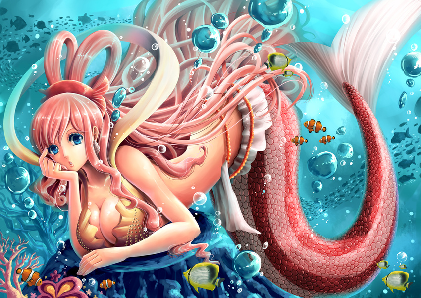 angelfish animal bikini blue_eyes breasts bubble chin_rest cleavage clownfish coral earrings fish frilled_bikini frills hair_ornament hairclip jewelry large_breasts long_hair mermaid monster_girl one_piece pink_hair princess scales shirahoshi silhouette solo striped striped_tail swimsuit tail underwater very_long_hair yumiyokiak