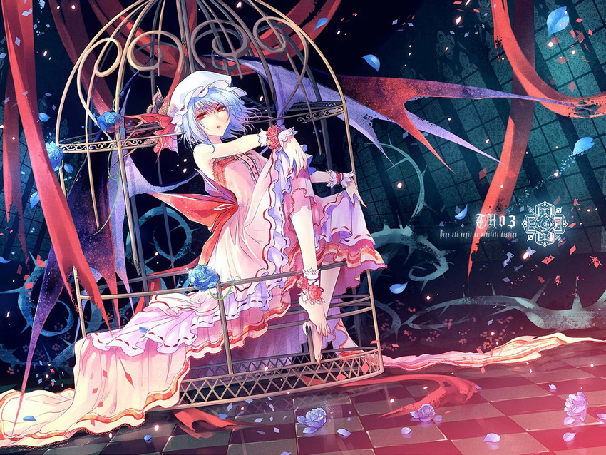 alternate_costume bad_id bad_pixiv_id barefoot bat_wings blue_flower blue_hair blue_rose cage checkered checkered_floor duplicate flower hat jingyin perspective petals red_eyes remilia_scarlet ribbon rose short_hair solo thorns touhou window wings