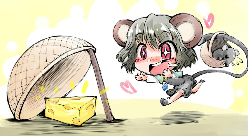 1girl absurdres animal_ears basket blush cheese chibi drooling drop_trap flying_sweatdrops food grey_hair heart highres jewelry long_sleeves mouse mouse_ears mouse_tail nazrin open_hand open_mouth outstretched_arms pendant red_eyes running shinapuu short_hair skirt skirt_set solo star star-shaped_pupils sweat swiss_cheese symbol-shaped_pupils tail touhou yellow_background