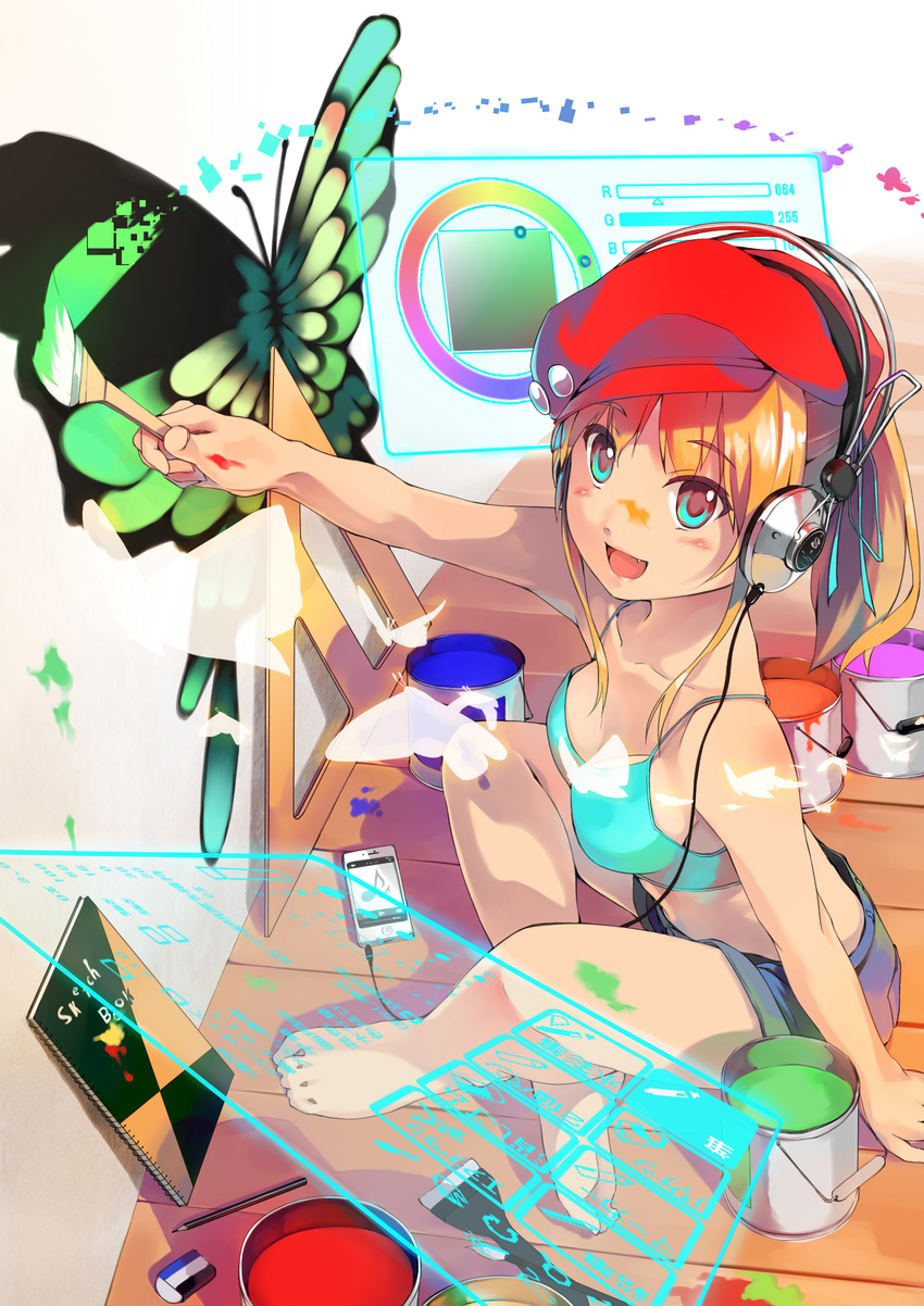 absurdres artist_painter barefoot blonde_hair blue_eyes bug butterfly cellphone foge hat headphones highres holographic_monitor insect long_hair original paint_can paintbrush painting phone ponytail shorts sitting sketchbook smartphone smile solo trim_brush