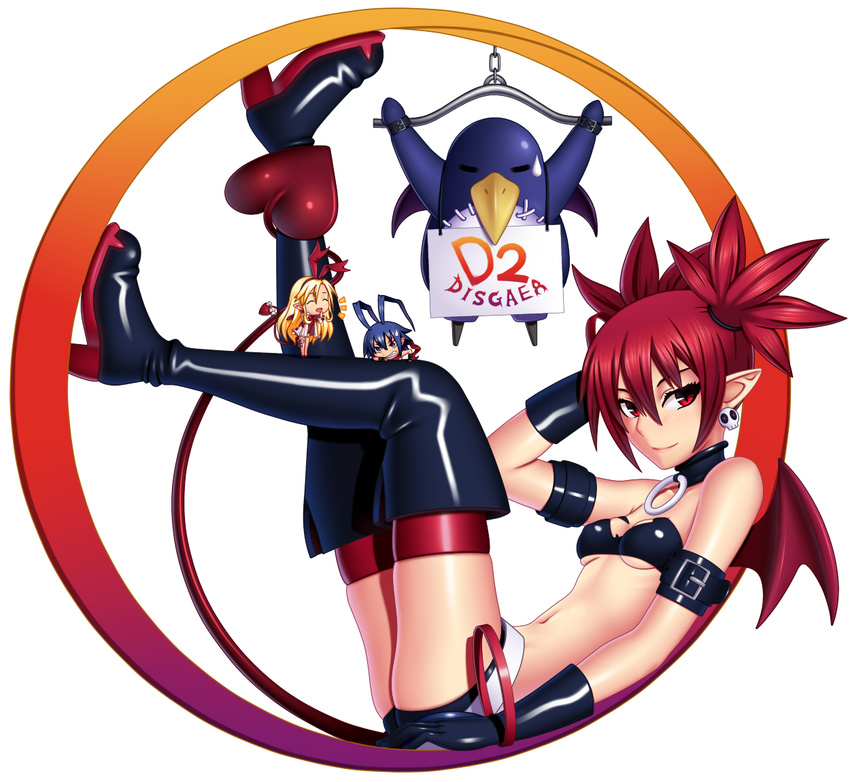 2girls ^_^ amase_(yagami666) bad_id bad_pixiv_id bat_wings black_gloves blonde_hair blue_hair boots breasts choker closed_eyes demon_tail disgaea disgaea_d2 earrings etna flonne flonne_(fallen_angel) gloves hair_ribbon jewelry laharl midriff multiple_girls navel pointy_ears prinny red_eyes red_hair ribbon short_hair simple_background skull small_breasts smile tail thigh_boots thighhighs twintails underboob white_background wings