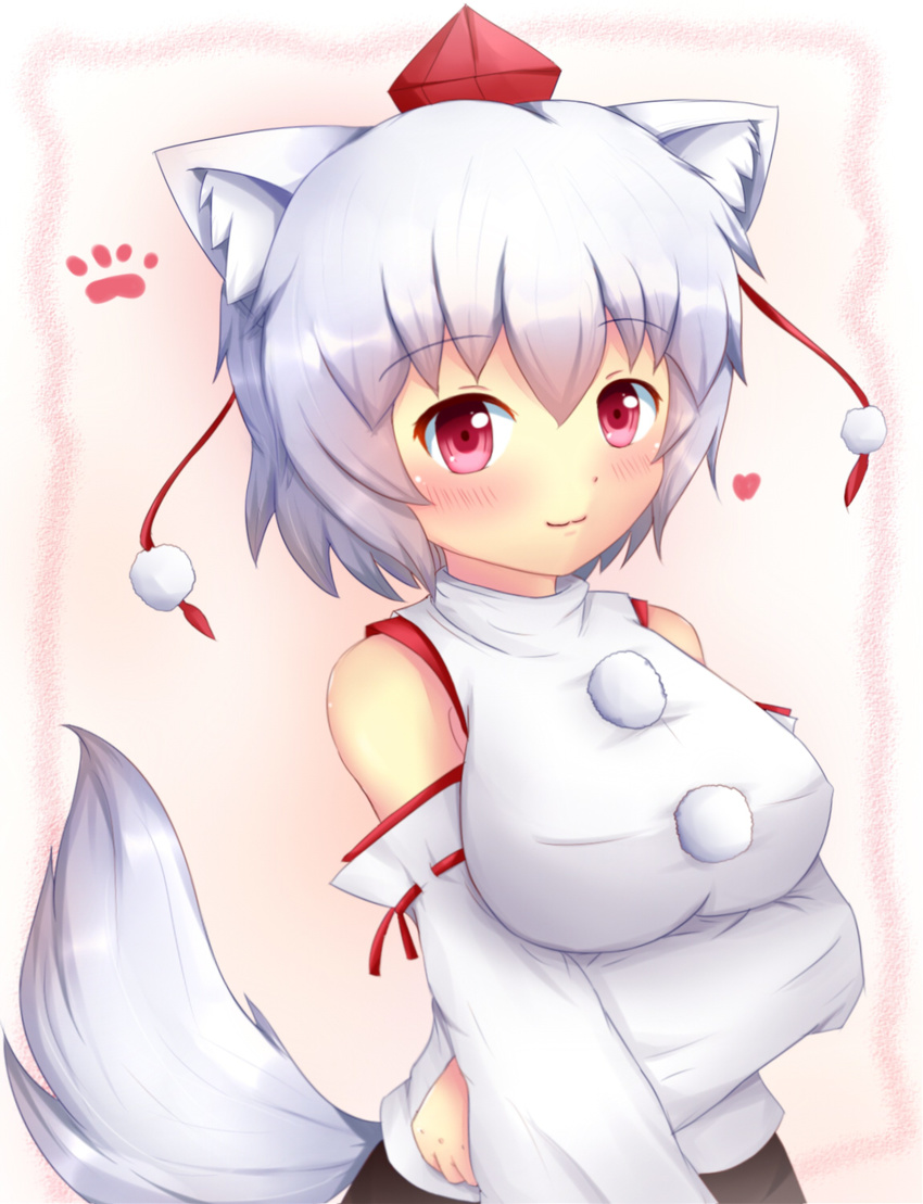 :3 animal_ears bare_shoulders blush breasts detached_sleeves hat heart highres inubashiri_momiji kane-neko large_breasts looking_at_viewer paw_print pink_eyes solo tail tokin_hat touhou white_hair wolf_ears wolf_tail