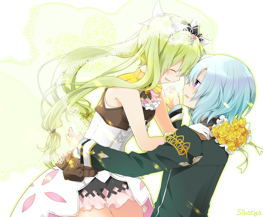 1girl bishnal_(rune_factory) blue_hair closed_eyes couple frey_(rune_factory) gloves green_hair hair_ornament happy hetero highres nana_kusun purple_eyes rune_factory rune_factory_4 short_hair veil