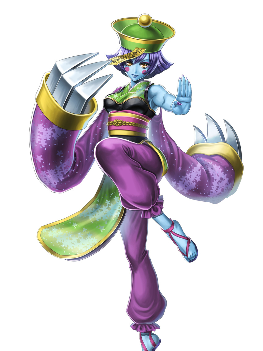 alternate_costume blue_skin blush_stickers breasts capcom claws company_connection flipped_hair full_body hat highres jiangshi lei_lei madopen medium_breasts official_art ofuda onimusha_soul sandals simple_background solo standing standing_on_one_leg vampire_(game) white_background yellow_eyes
