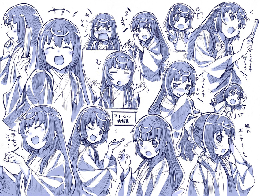 blue blush buratei_marii closed_eyes closed_fan fan fang folding_fan highres japanese_clothes joshiraku kimono laughing long_hair monochrome multiple_persona open_mouth ponytail sakino_shingetsu sketch traditional_media translated