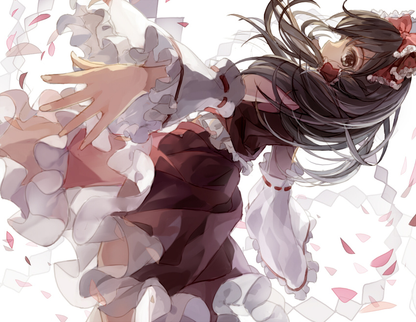 bison_cangshu black_eyes black_hair bow detached_sleeves hair_bow hair_ornament hair_ribbon hair_tubes hakurei_reimu long_hair looking_at_viewer outstretched_arms petals ribbon rope shimenawa solo spread_arms touhou