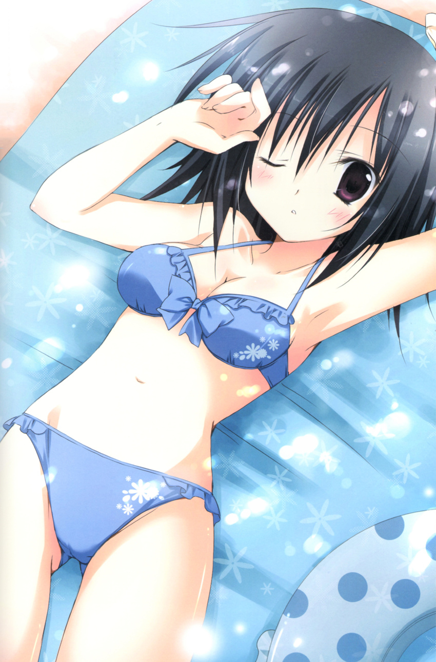 ;o absurdres arm_up armpits bikini black_hair breasts cleavage highres innertube kaorun korie_riko lying medium_breasts one_eye_closed purple_eyes scan short_hair solo swimsuit tsuki_tsuki!