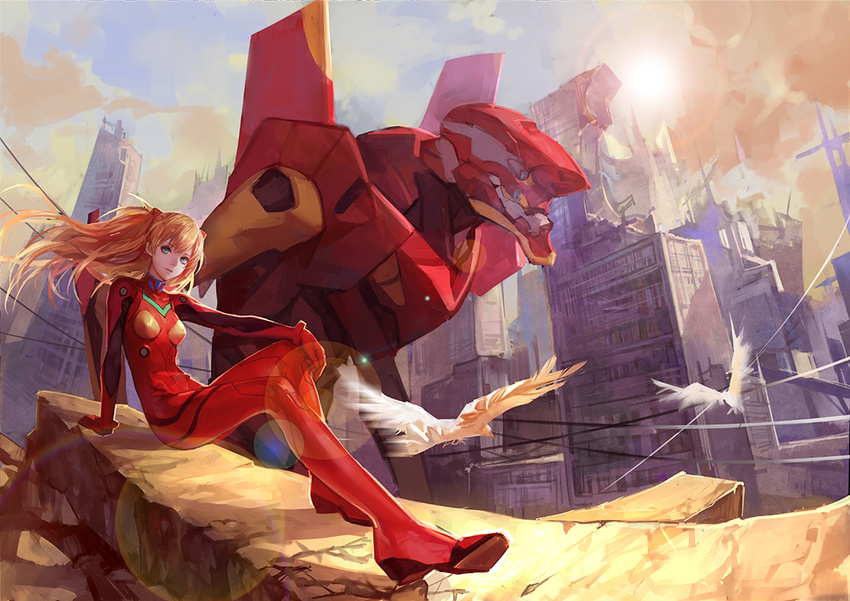 arm_support ask_(askzy) bangs bird blue_eyes bodysuit breasts building city cloud day eva_02 floating_hair foreshortening from_side full_body gloves hair_ornament hand_on_own_knee lens_flare long_hair long_legs looking_at_viewer mecha neon_genesis_evangelion orange_hair outdoors pilot_suit plugsuit power_lines rubble ruins shikinami_asuka_langley sitting sky skyscraper small_breasts souryuu_asuka_langley sun turtleneck