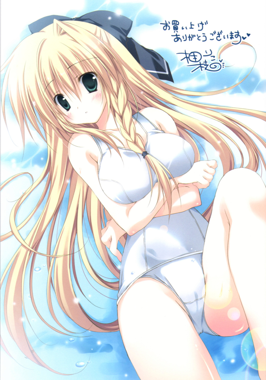 absurdres blonde_hair blush braid breast_hold breasts from_above green_eyes highres knee_up korie_riko large_breasts looking_at_viewer luna_(tsuki_tsuki!) one-piece_swimsuit school_swimsuit signature skin_tight swimsuit tareme tsuki_tsuki! water wet