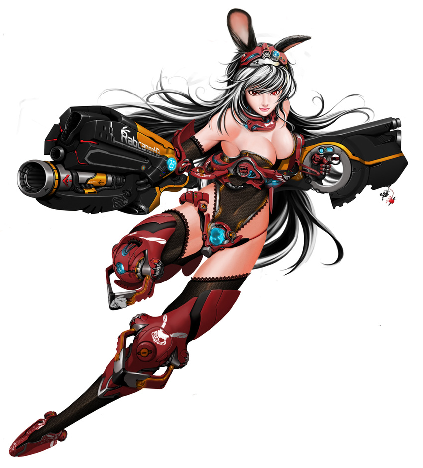 animal_ears armor breasts bunny_ears bunny_girl cleavage gun highres large_breasts long_hair lucknight mecha_musume original red_eyes silver_hair solo thighhighs very_long_hair weapon