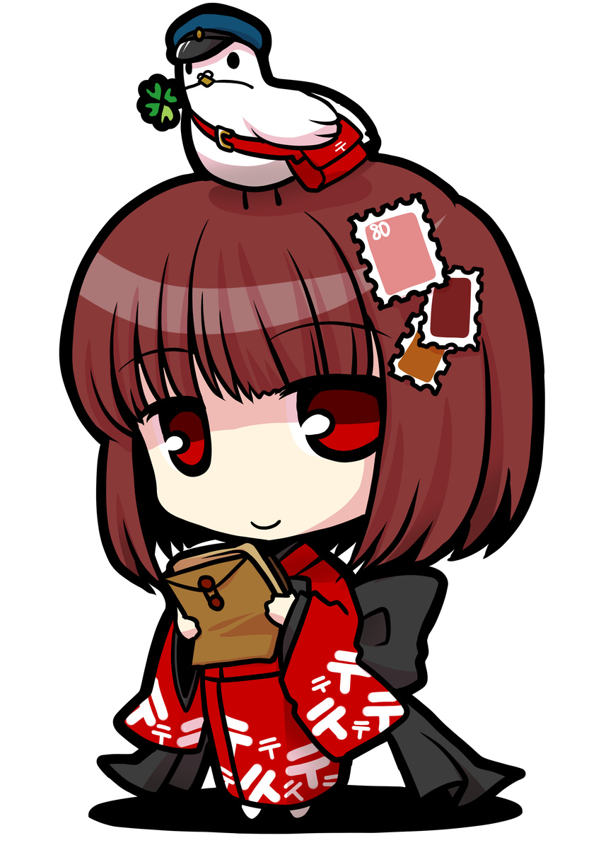 absurdres bird bow chibi clover four-leaf_clover highres japanese_clothes japanese_postal_mark kimono mail no_nose original personification postage_stamp postbox_(outgoing_mail) red_eyes socha solo transparent_background