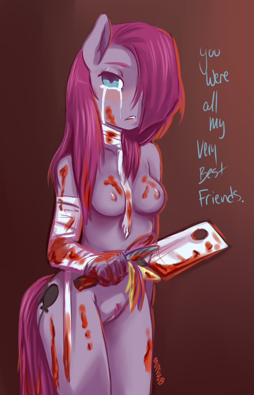 anthro anthrofied aries84 blood blue_eyes breasts creepy cutie_mark english_text equine female friendship_is_magic hair horse looking_at_viewer mammal my_little_pony nipples pink_body pink_fur pink_hair pinkamena_(mlp) pinkie_pie_(mlp) plain_background pony pussy solo tears text